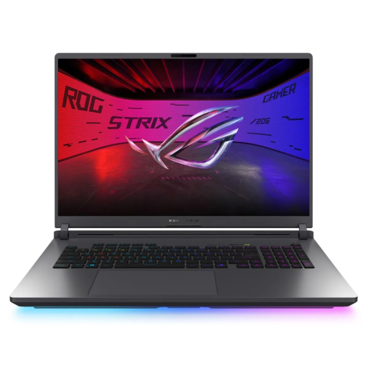 Black 18-inch gaming laptop with matte finish, open lid showing large screen