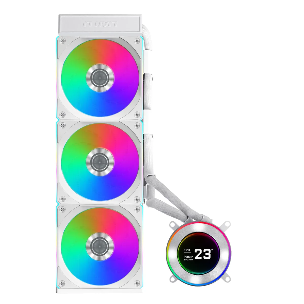 White 360 mm AIO with three 120 mm fans and 2.1 inch round LCD on pump head