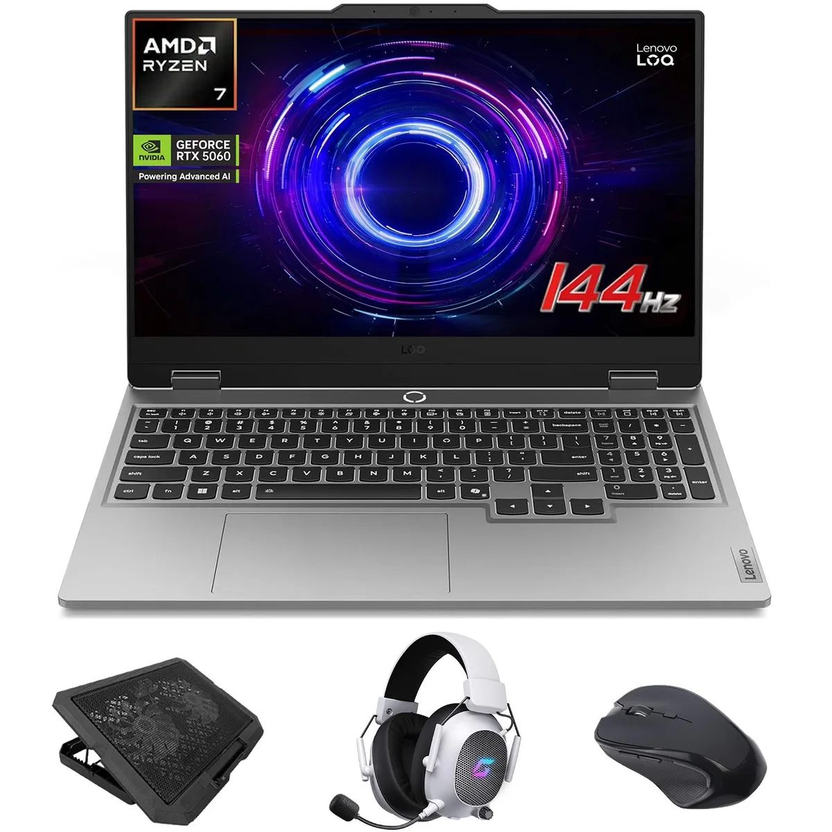 Grey gaming laptop, 15.6 inch screen, slim profile, backlit keyboard visible