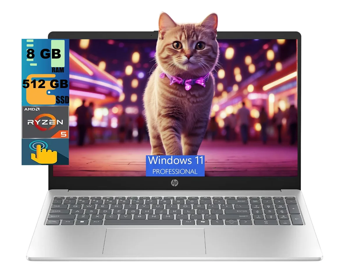 Silver HP 15 laptop, 15.6 inch touchscreen, slim profile