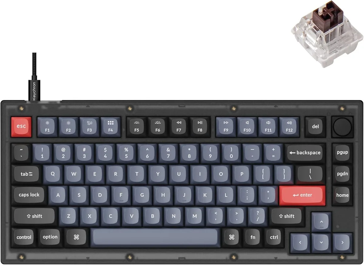 Compact 75 percent mechanical keyboard with frosted black translucent case and rotary knob