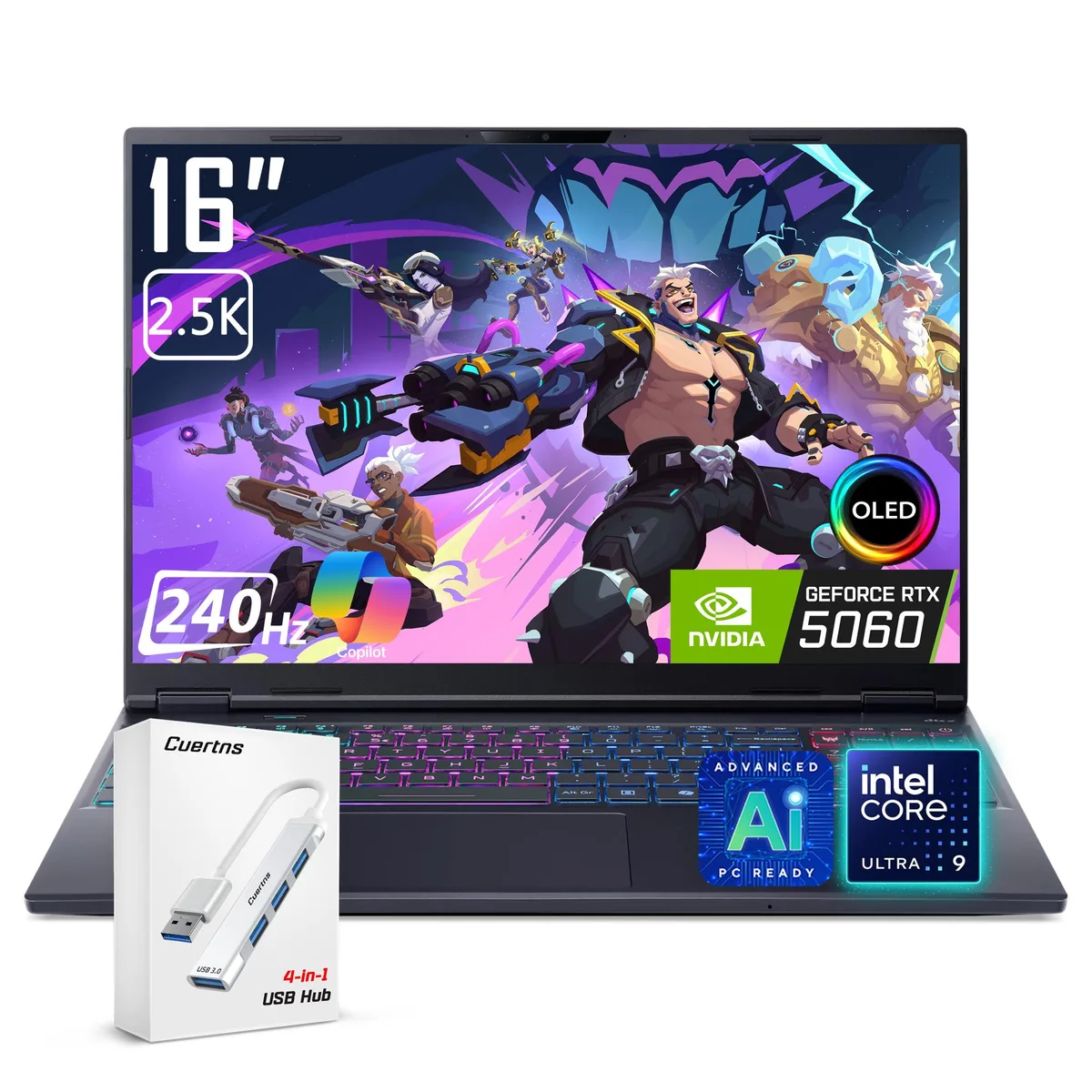 Black 16-inch gaming laptop with OLED screen and RGB keyboard