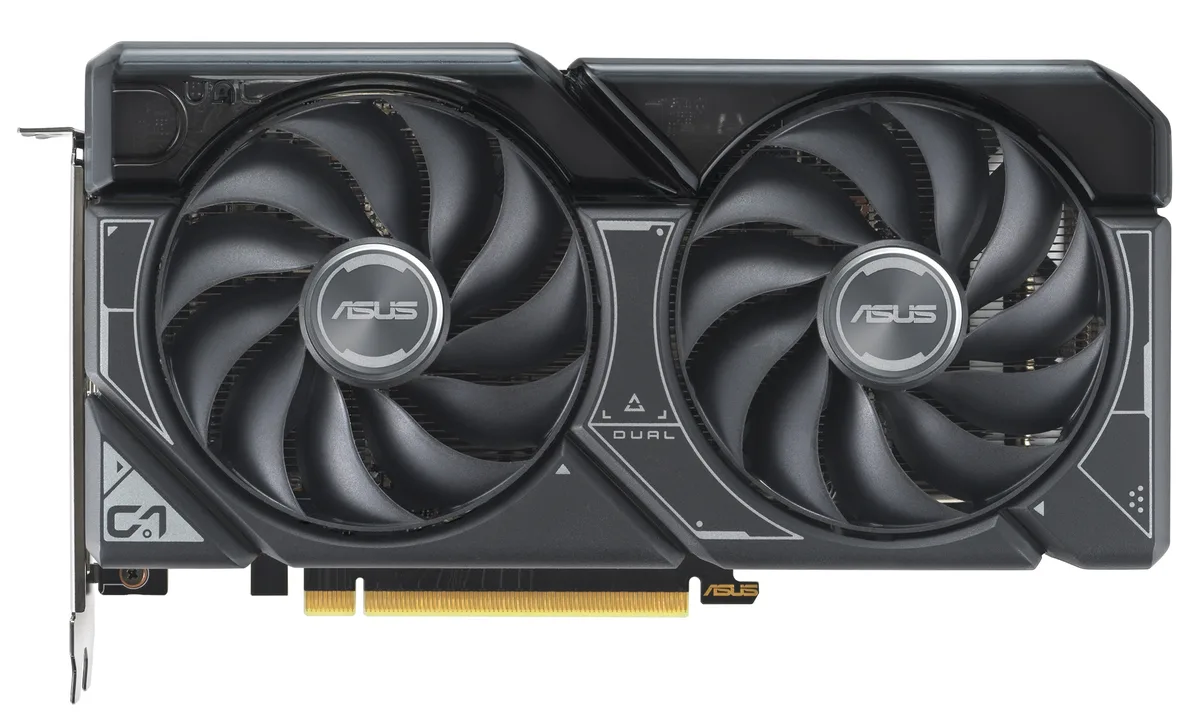 ASUS Dual GeForce RTX 4060 Ti 16GB graphics card with two axial fans in a 2.5-slot metal shroud