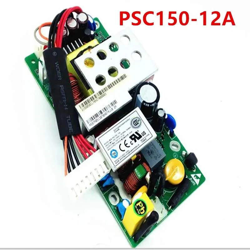 Rectangular metal ATX power supply unit with ventilation grille and label showing model PSC150-12A