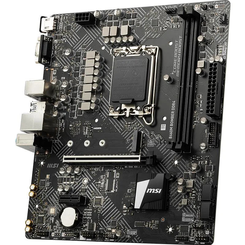 MSI B660M BOMMER DDR4 micro-ATX motherboard, matte black PCB with silver heatsinks