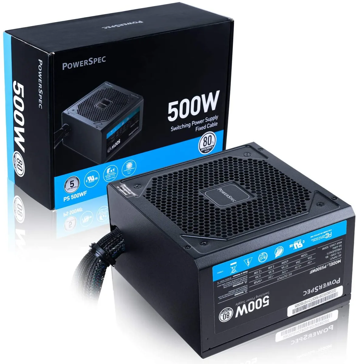 Black rectangular ATX power supply unit with fixed cables and 120mm fan grille