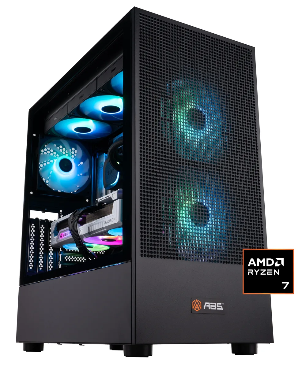 Black mid-tower case with mesh front, tempered glass side panel, RGB memory and 360mm liquid cooler visible inside
