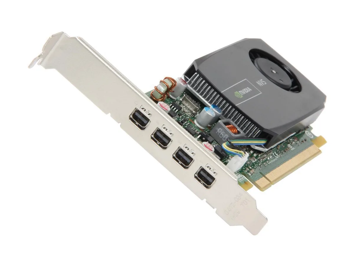 Low-profile graphics card with four mini-DisplayPort outputs and DVI adapters