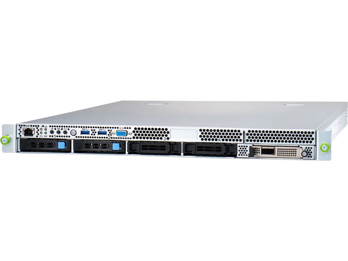 1U rack server, matte black front panel, two drive bays, redundant power supplies visible