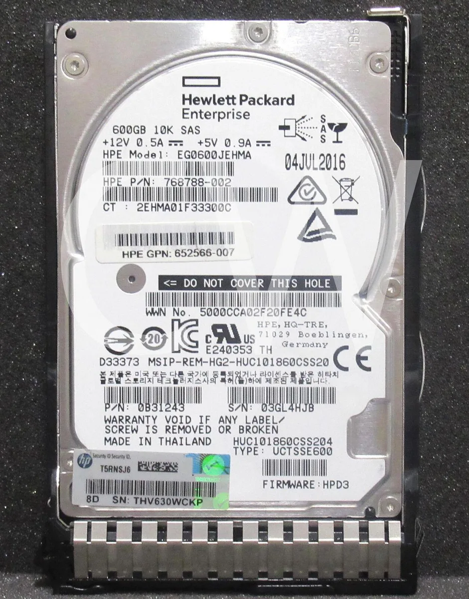 Silver 2.5 inch SAS hard drive in a black carrier tray with green release handle