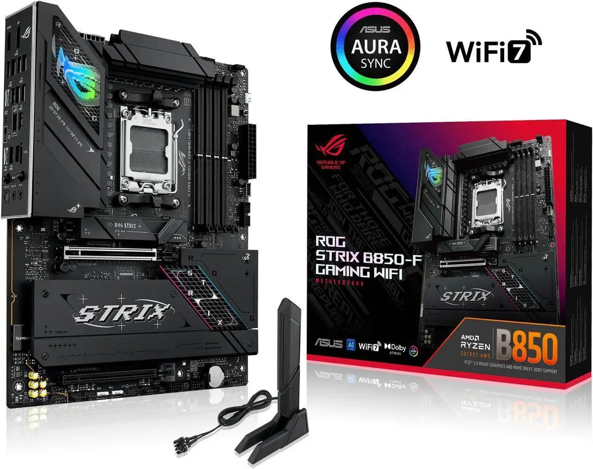 Black ATX motherboard with massive silver heatsinks, integrated I/O shield, four DDR5 slots, PCIe 5.0 x16 slot, four M.2 heatsinks