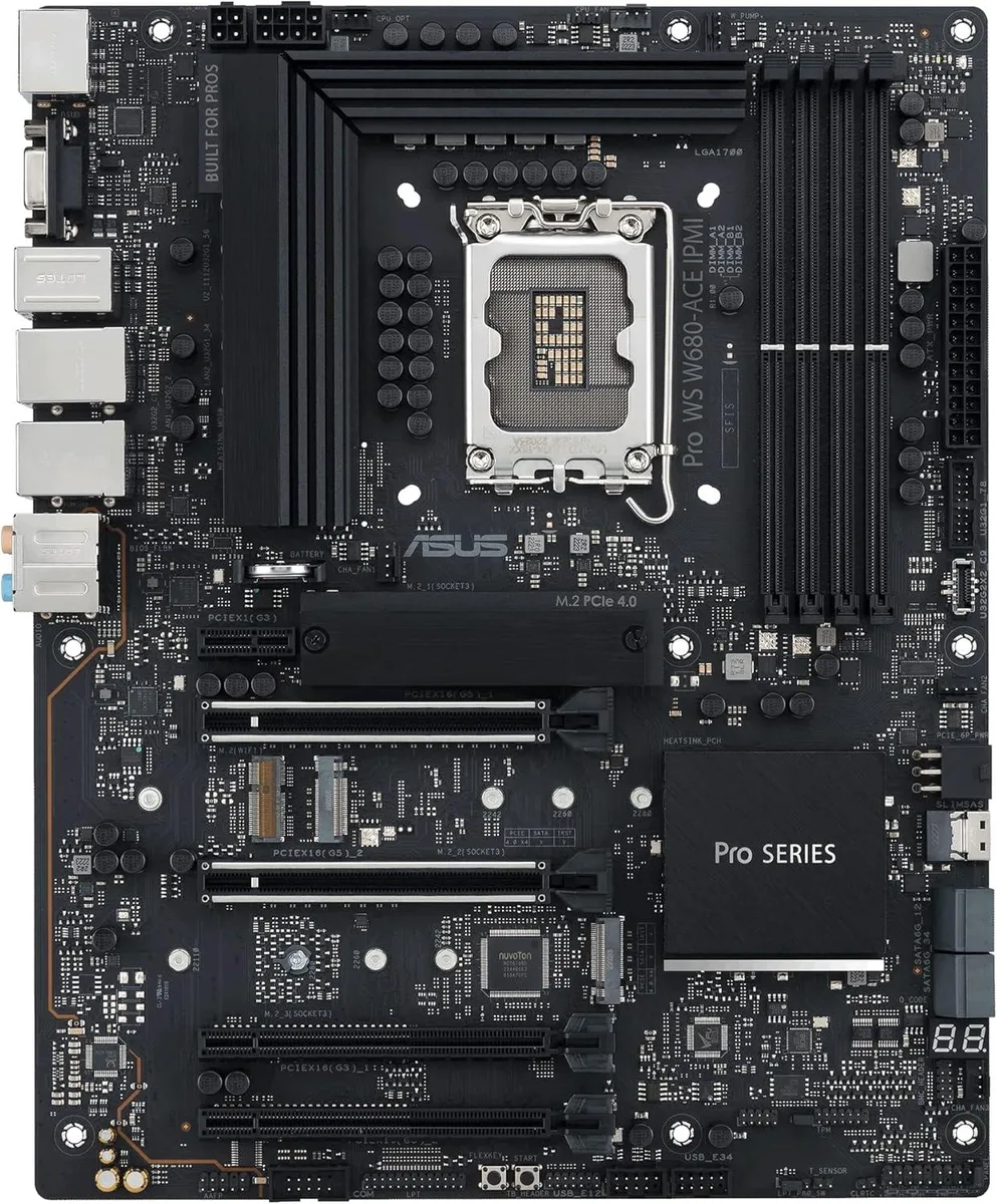 ATX motherboard with silver heatsinks and black PCB