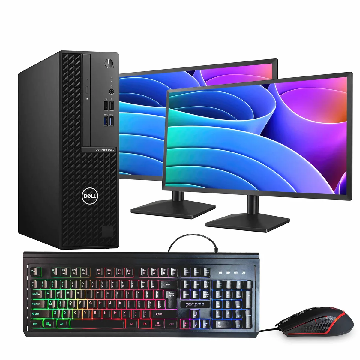 Black Dell OptiPlex 3080 tower with dual 24 inch monitors keyboard and mouse