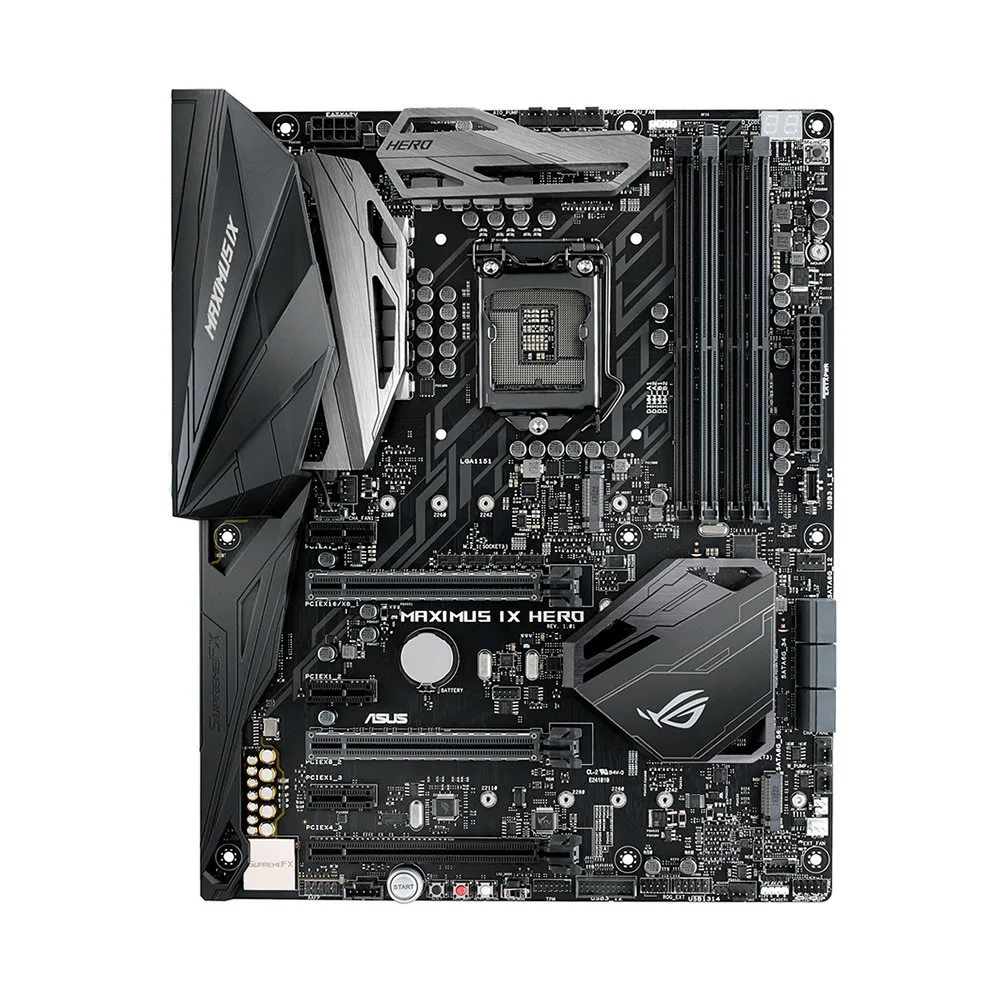 Black ATX motherboard with silver heatsinks, four DDR4 slots and dual M.2 sockets, missing rear I/O shield