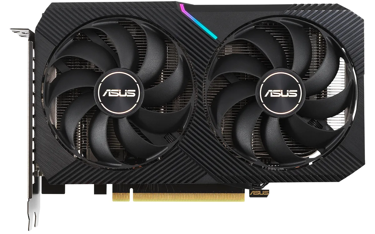 Black dual-fan graphics card with silver accents, two-slot metal bracket, HDMI and three DisplayPort outputs