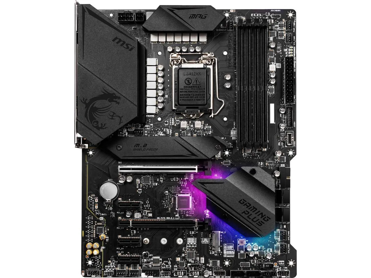 Black ATX motherboard with grey heatsinks and silver PCIe slots