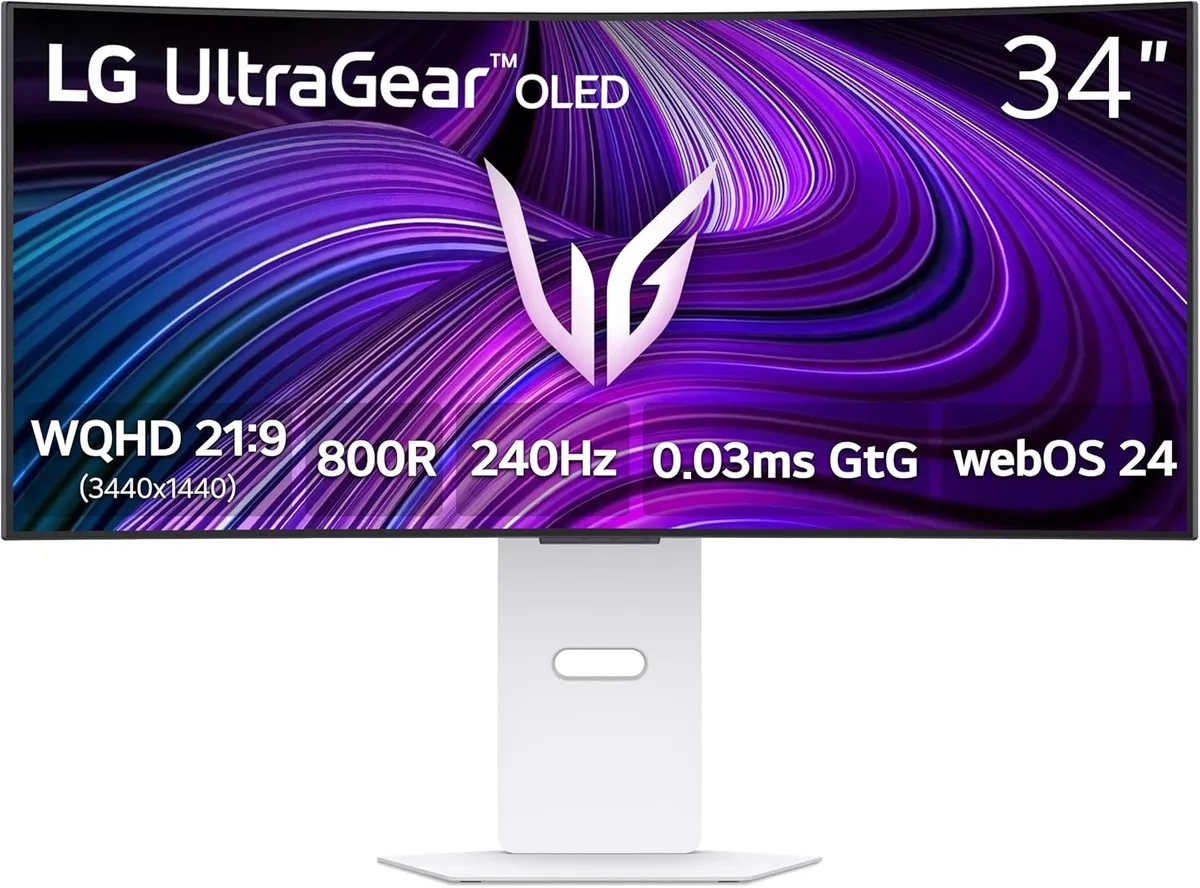 White 34 inch curved OLED gaming monitor on adjustable stand