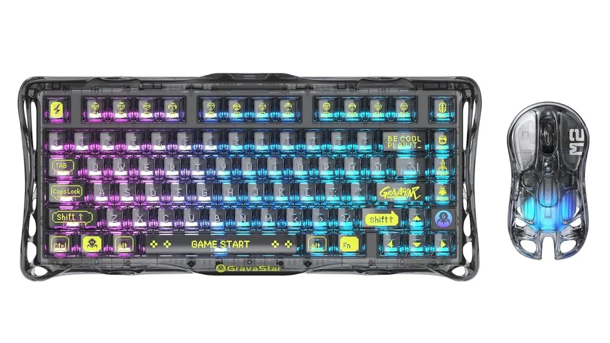 Transparent 75% keyboard with hollow frame and matching skeletal mouse, both showing RGB lighting