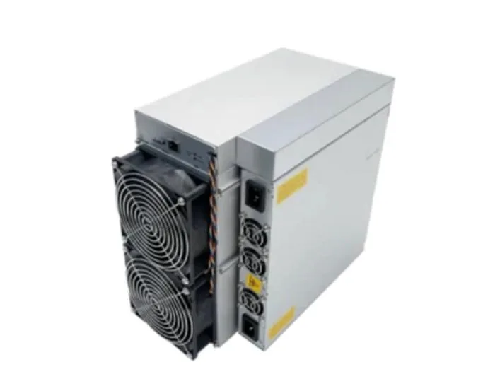 Rectangular metal ASIC miner, matte grey finish, front grille with dual fans, rear power sockets, about twenty pounds