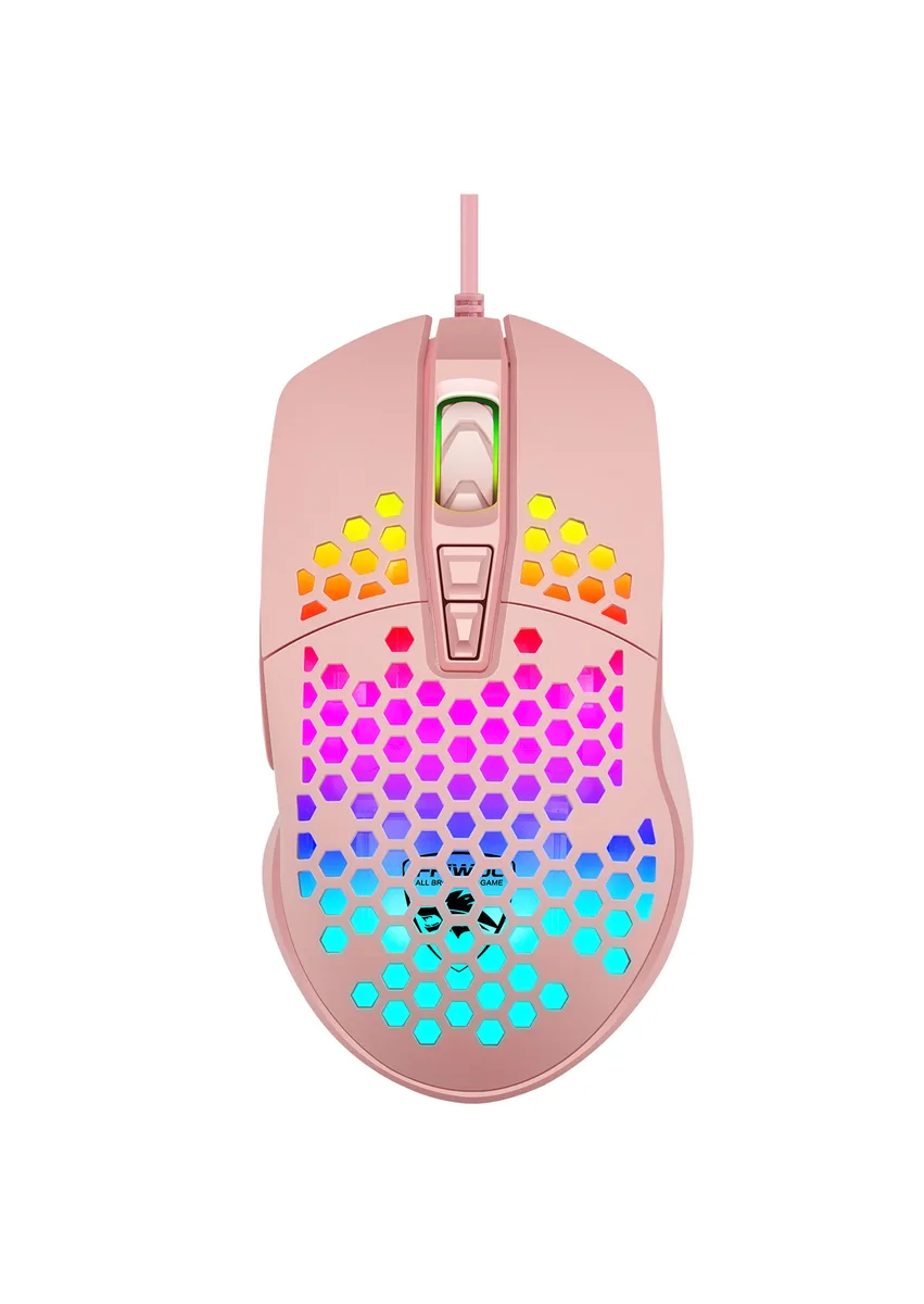 Wired gaming mouse with honeycomb shell and RGB lighting