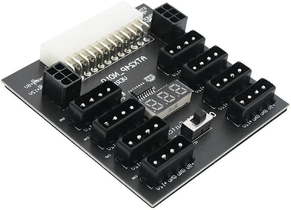 Black PCB breakout board with 24-pin ATX input, eight 4-pin and two 6-pin outputs, LED voltage display