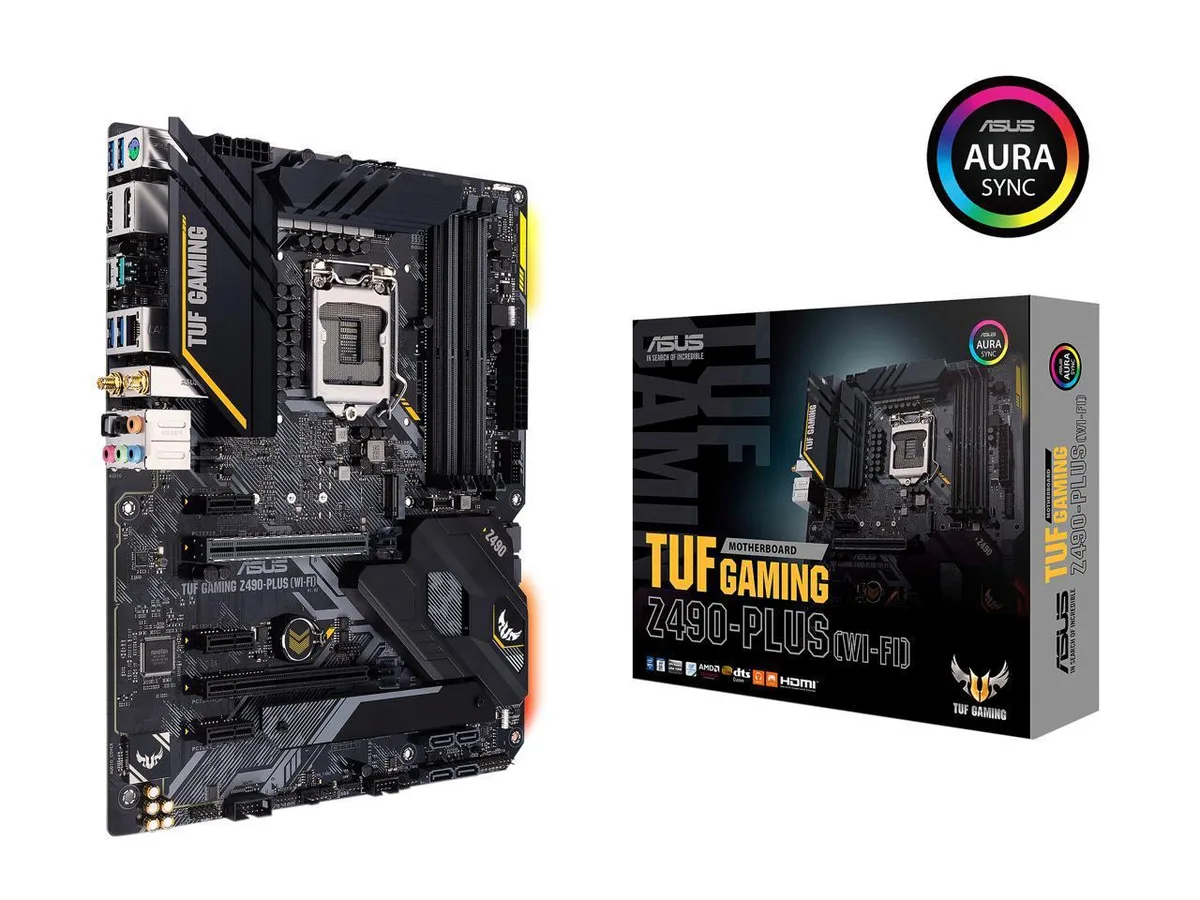 ATX motherboard dark PCB silver heatsinks yellow accents RGB lighting