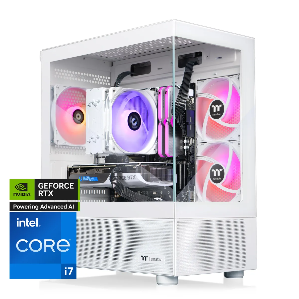 White mid-tower gaming desktop with tempered glass side panel and visible ARGB air cooler
