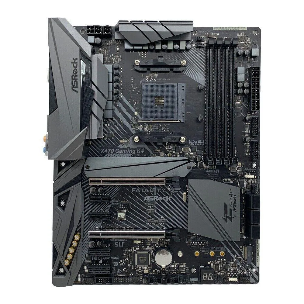 Rectangular ATX motherboard in black with red accents, silver CPU socket cover, four vertical RAM slots, multiple expansion slots