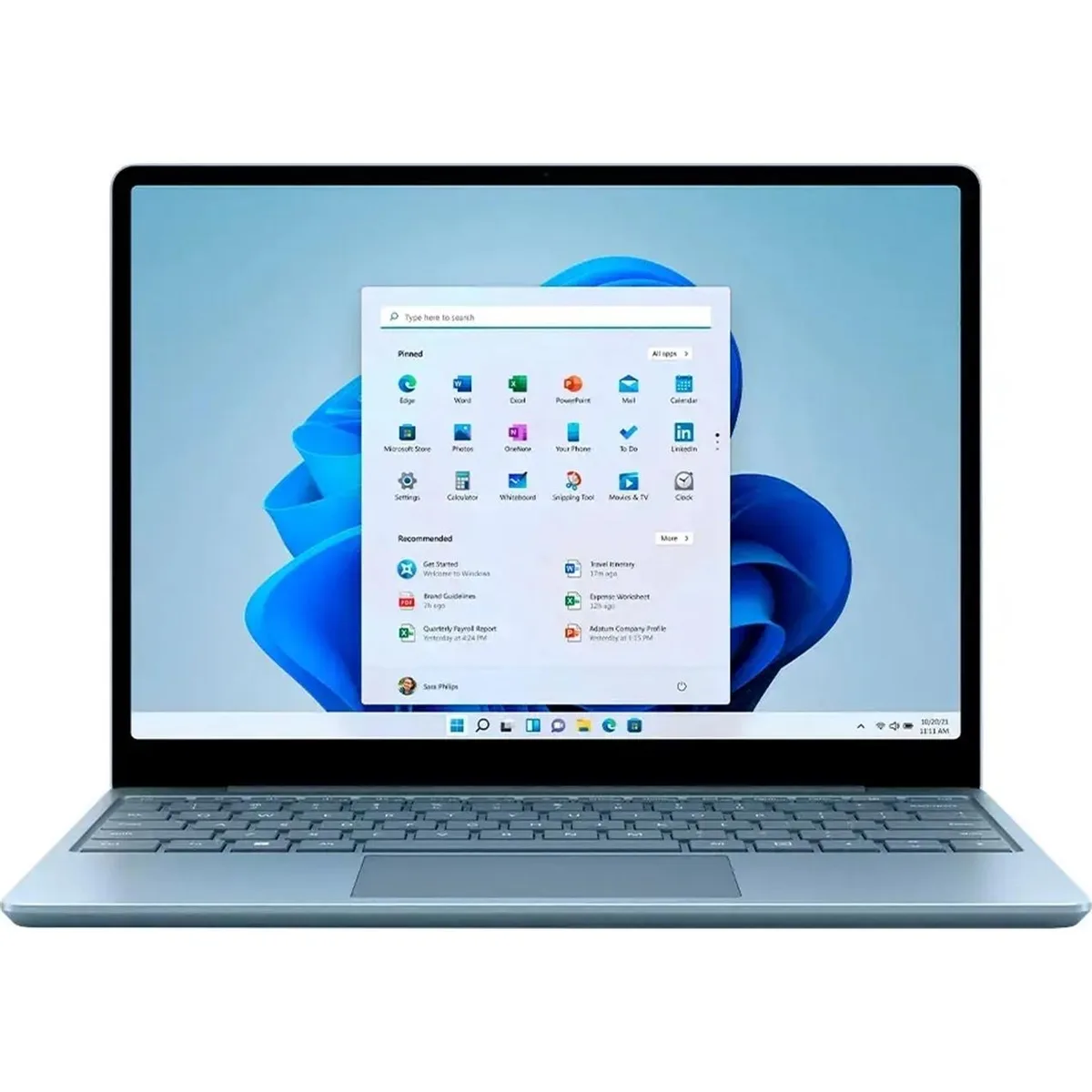 Ice Blue Surface Laptop Go 2, 12.4 inch touchscreen, slim clamshell form factor, matte finish