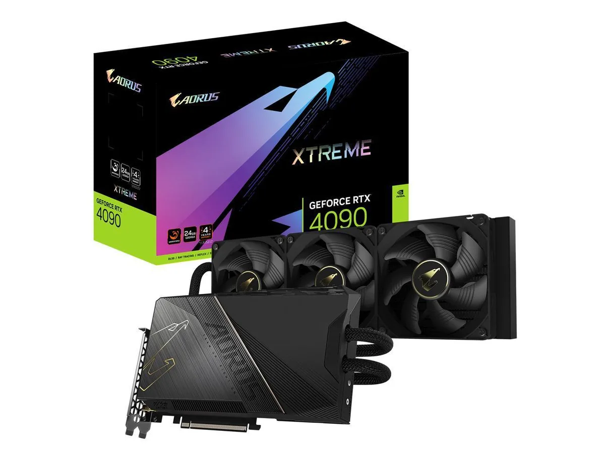 Large triple-fan ATX graphics card with metallic silver shroud and integrated water block, 238mm long