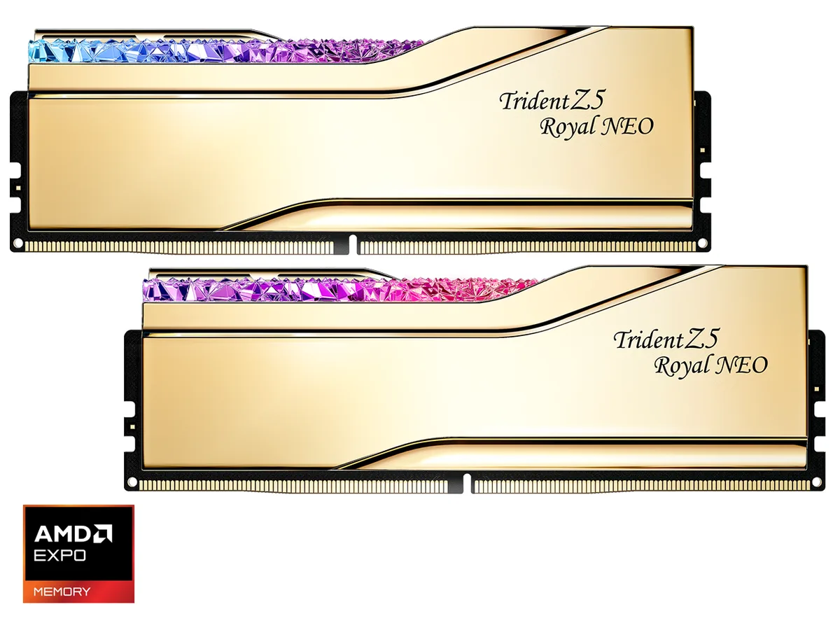 Two gold DDR5 modules with crystalline RGB light bars and mirrored CNC-cut aluminium heatspreaders