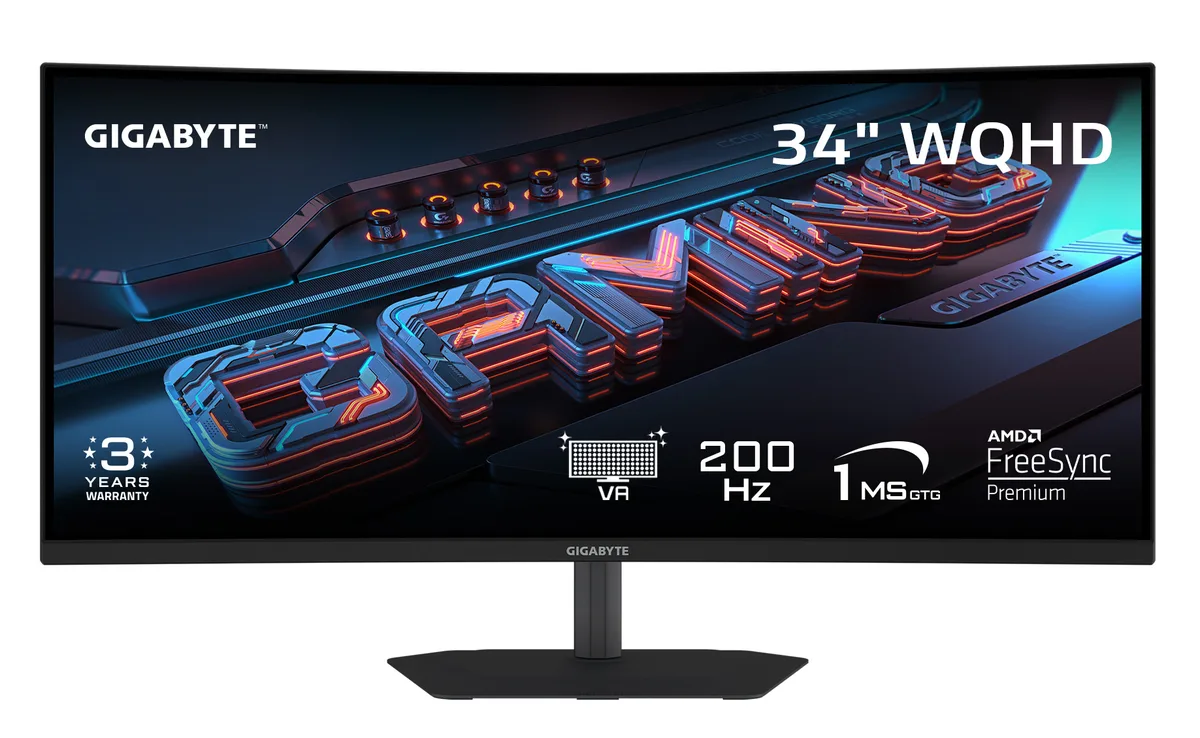 34 inch curved VA monitor in black matte finish with adjustable stand