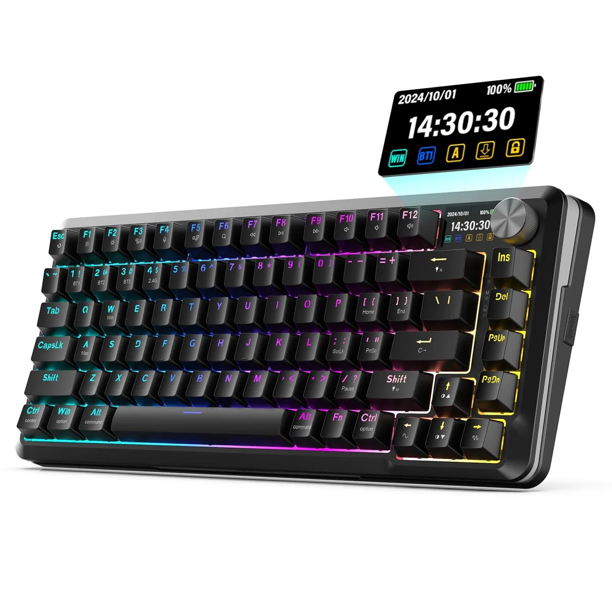 Black wireless mechanical keyboard with 1.14 inch screen and rotary knob, RGB backlighting, gasket mount design