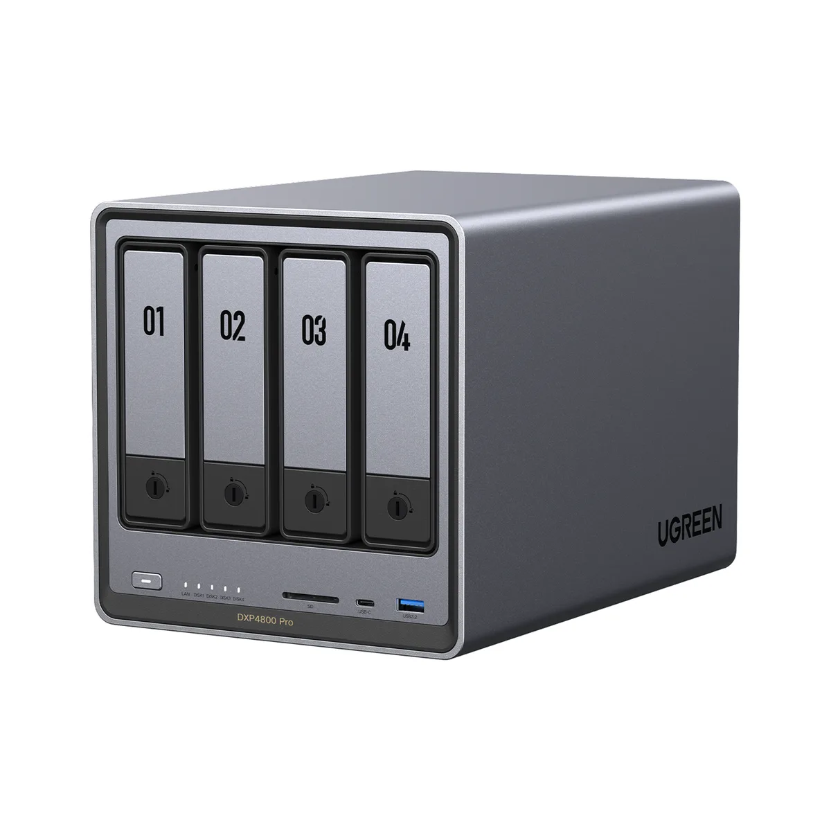 Compact silver desktop NAS with four drive bays and front ports