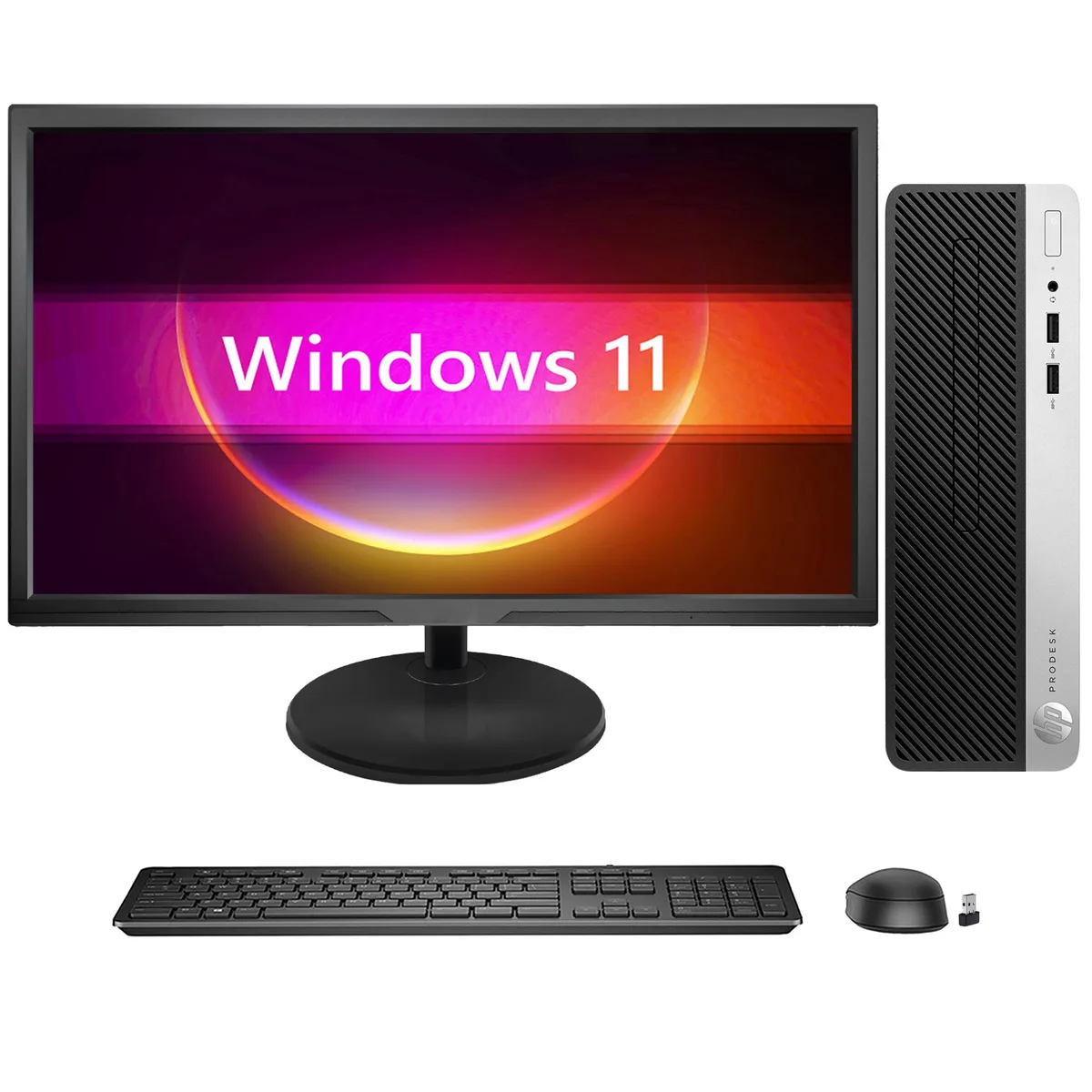 HP ProDesk 400 G5 SFF small form factor desktop in black and silver with 22 inch monitor