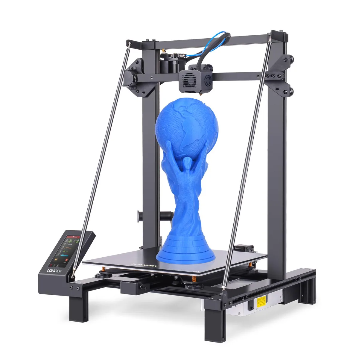 Orange open-frame 3D printer with tall vertical frame and heated glass bed