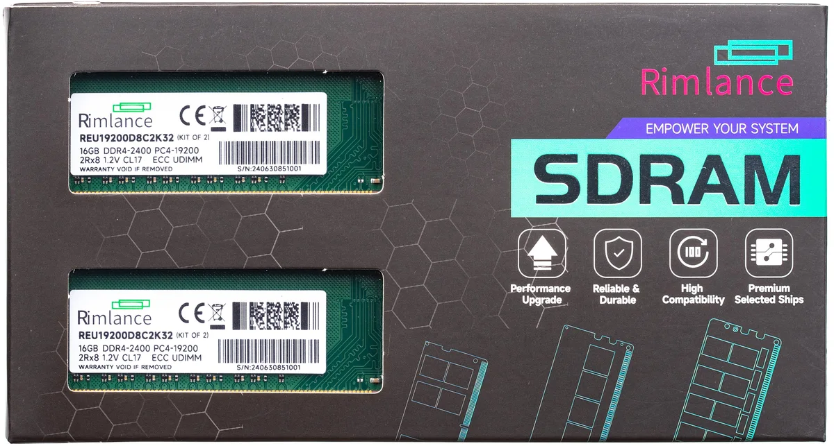 RIMLANCE RIMLANCE REU19200D8C2K32 32GB (2x16GB) DDR4 2400 ECC UDIMM 2Rx8 CL17 — produktfoto