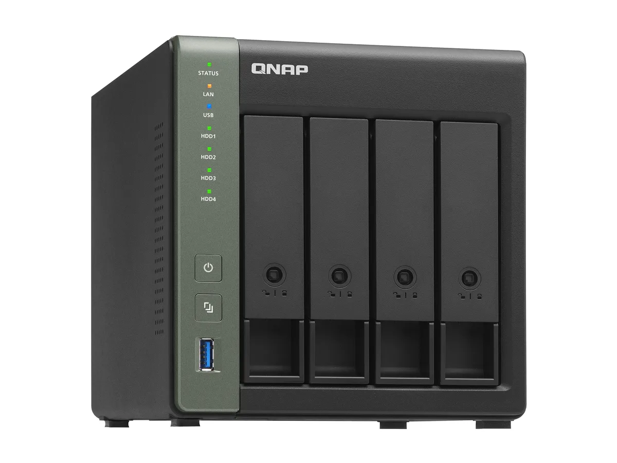White four-bay desktop NAS with front drive trays and status LEDs