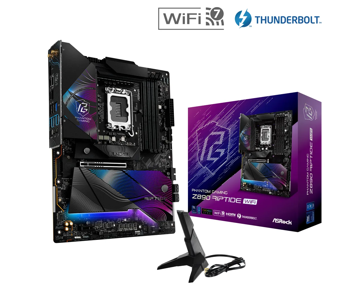ATX motherboard in dark grey with teal accents and integrated I/O shield