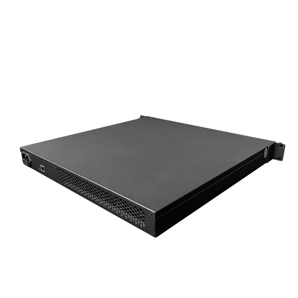 Silver 1U rackmount miner, 44 mm high, front panel with vents and branding