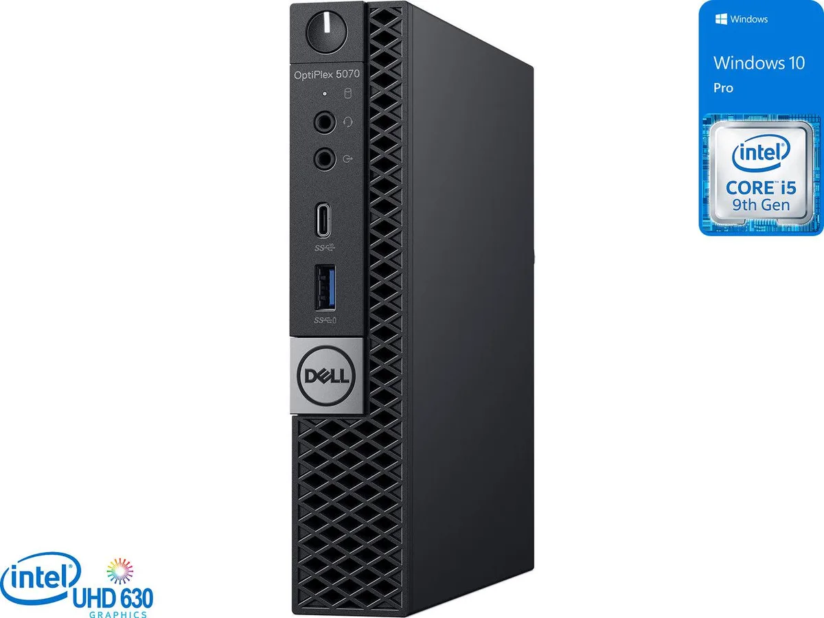 Small black and silver micro desktop tower with keyboard and mouse