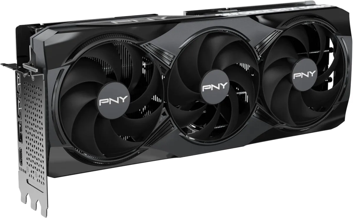 PNY GeForce RTX 5080 triple-fan graphics card in dark finish, 2.99-slot design with visible cooling shroud and backplate