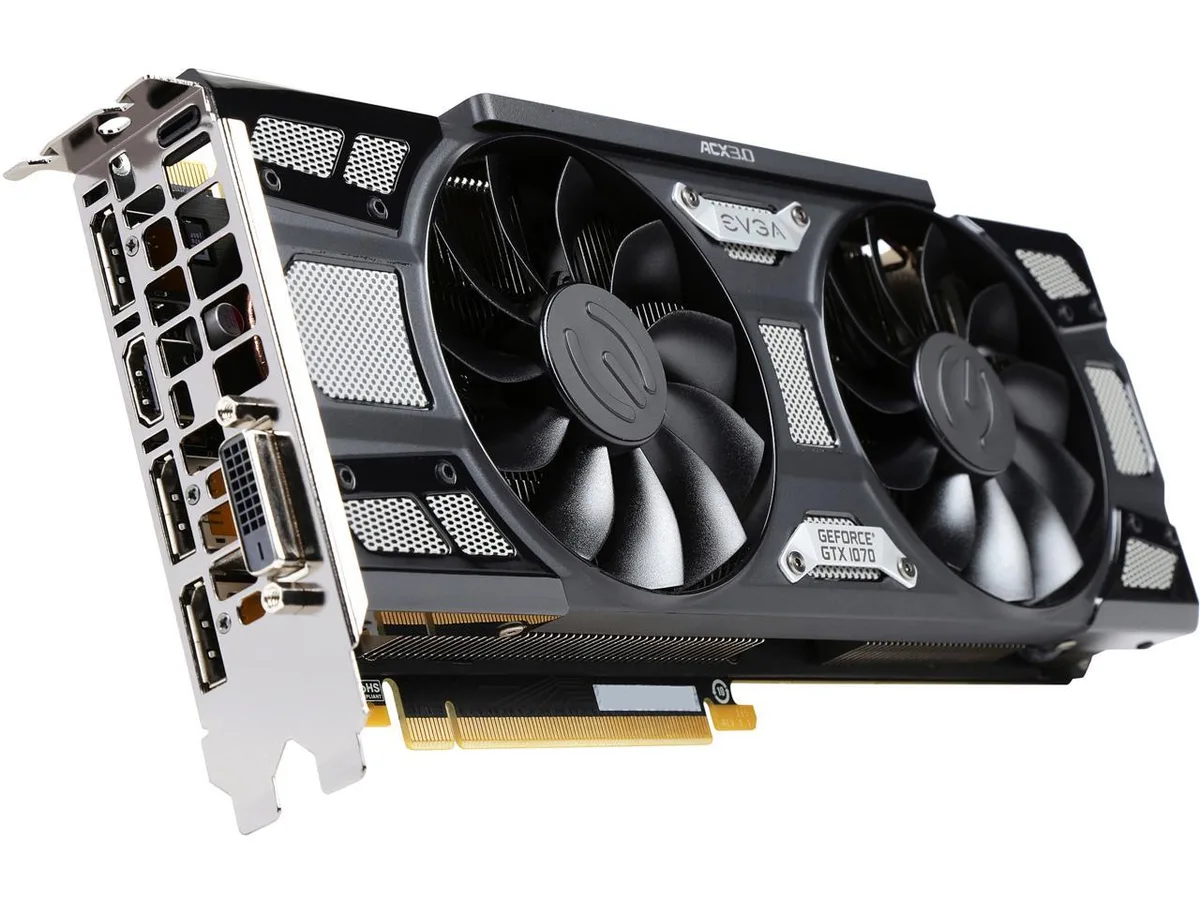 Black graphics card with dual fans and metal backplate