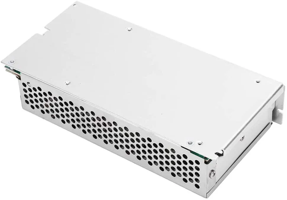 Pink aluminium power supply unit, rectangular, screw terminals visible