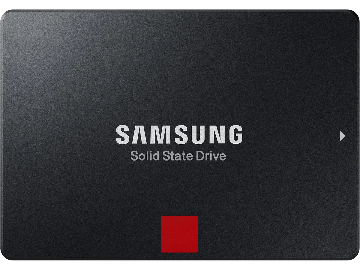 Rectangular 2.5 inch silver metal SSD with label and SATA connectors