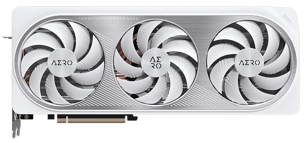 White triple-fan graphics card with silver backplate and anti-sag bracket