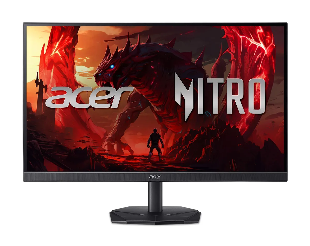 Black 27-inch flat IPS gaming monitor with zero-frame design and tilt stand