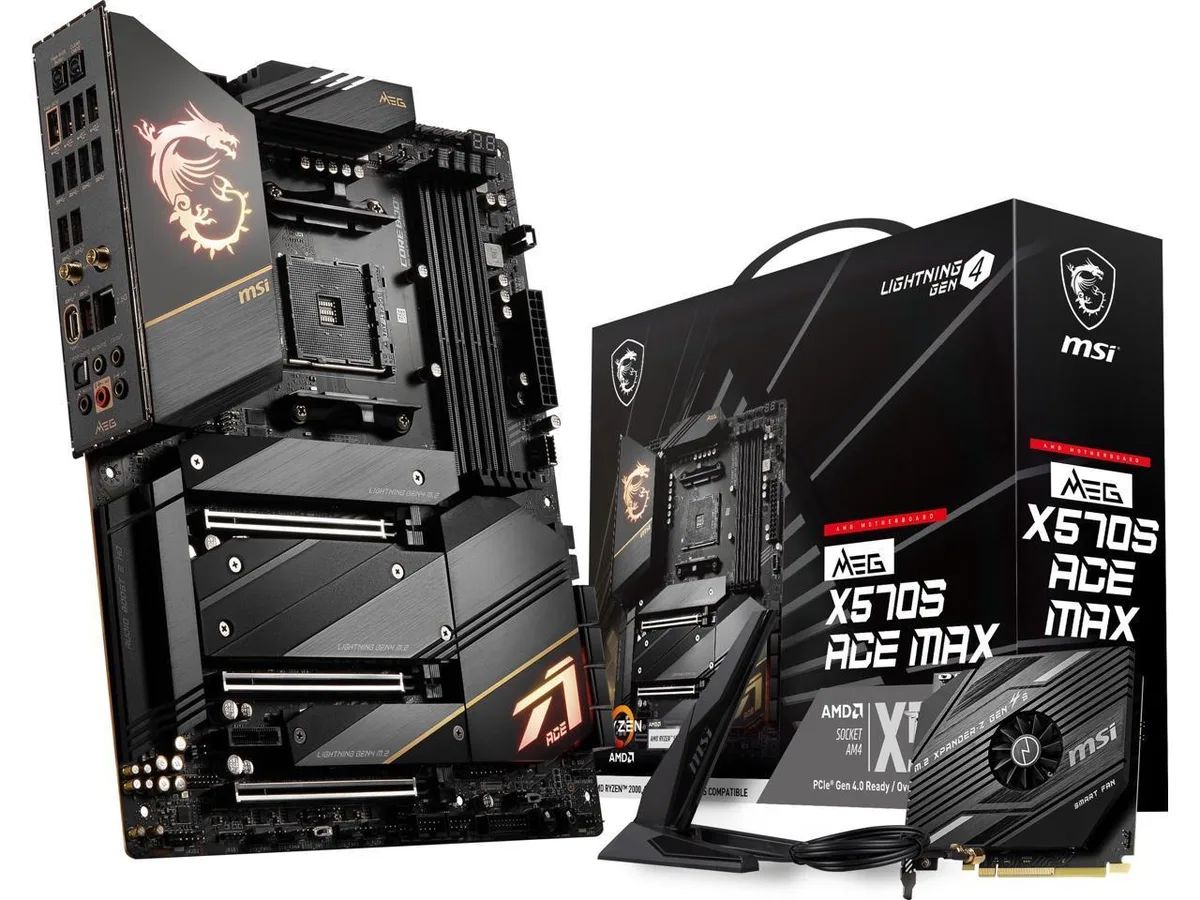 Rectangular ATX motherboard in dark grey with aluminium armour and prominent heatsinks
