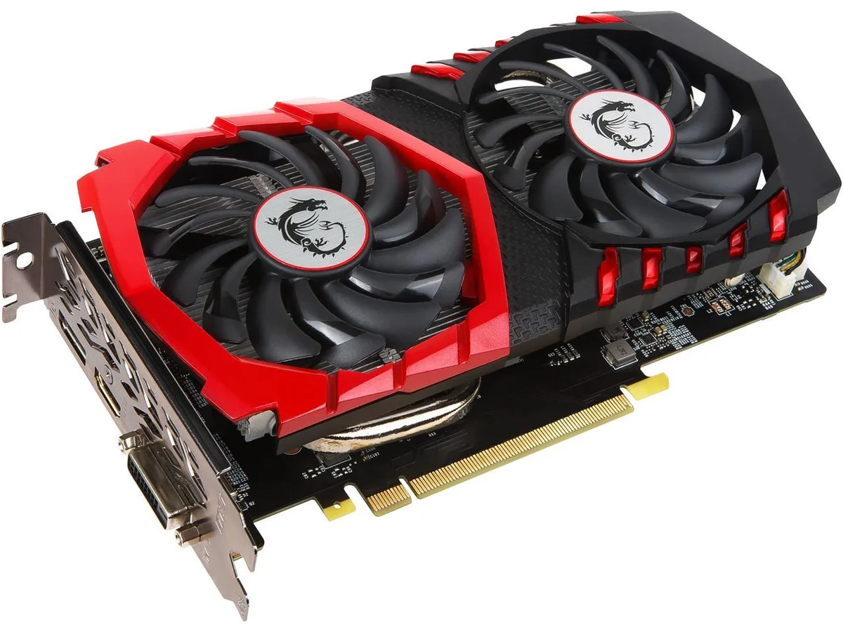 MSI GeForce GTX 1050 Ti dual-fan graphics card with black and red shroud and backplate