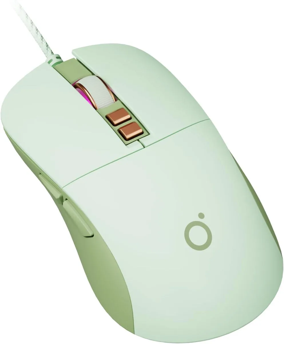 Green ergonomic wired mouse with contoured shape and 7 buttons, 5ft USB cable attached